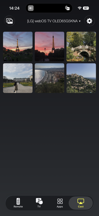 Universal Smart Remote's Cast tab — a photo grid ready to send to an LG webOS TV